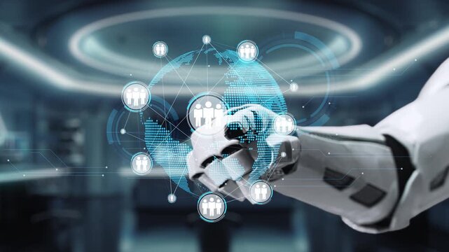 A robotic hand reaches out to interact with a network of people and global connections, showcasing the innovative future of technology and communication in a digital age. Auvana - Powered by Adobe
