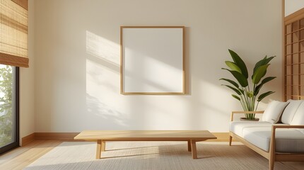 japandi summer living room interior, empty wall frame mockup, linen sofa, bamboo decor, sunlight, minimalist zen natural design