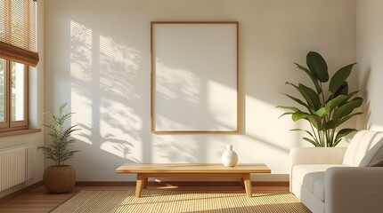 japandi summer living room interior, empty wall frame mockup, linen sofa, bamboo decor, sunlight, minimalist zen natural design