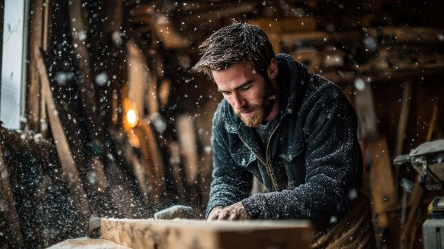 A skilled carpenter works intently on a wooden plank inside a rustic workshop filled with sawdust and snowflakes drifting through the air, creating a cozy atmosphere. - Powered by Adobe