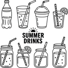 Line art illustration of various summer drinks in glasses and jars with straws and lemon slices