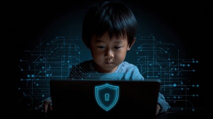 Cyber Security Concept With Asian Boy Working on Laptop and Using Digital Interface to Ensure Online Safety and Data Privacy