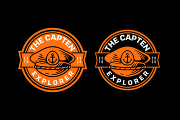 Captain hat retro badge logo design set for nautical explorer. Sailor cap vintage patch illustration graphic pack for adventure. Seafarer hat rustic emblem vector element designs for ocean and travel