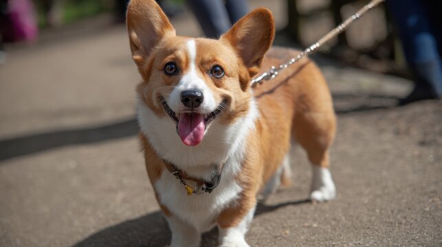 A cheerful corgi strolls along a sunny trail enjoying the fresh air and lively company of passersby.