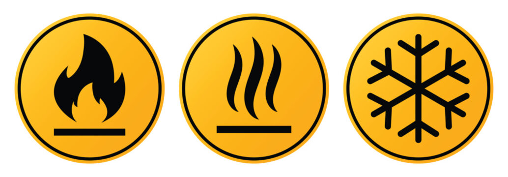 Set of hazard warning signs: flammable material signs, hot surface hazard, cold temperature safety symbol