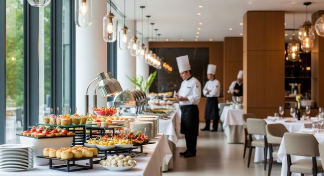 Man chef preparing buffet food for restaurant guests. Gourmet catering with exquisite dishes in elegant dining room setting for event.