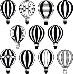A collection of ten black and white hot air balloon illustrations with varying stripe patterns