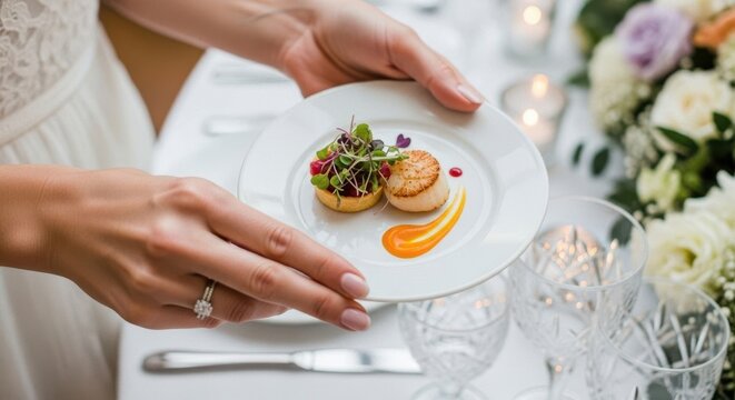 Woman serving gourmet scallop dish on white plate. Fine dining experience for an elegant event or wedding reception.