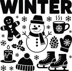 Winter themed vector graphic with snowman, gingerbread man, and other winter elements