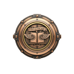 Steampunk-inspired emblem featuring a winged book and compass rose design intricate detailing