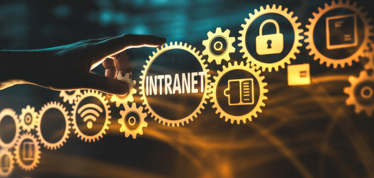 Intranet concept with gears and icons representing internal communication and network for business and technology solutions
