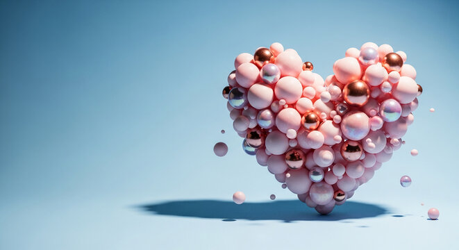 Sphere cluster arranged in a heart shape, using pink, rose gold, and iridescent spheres. Symbolizes love and unity, perfect for Valentine's Day projects