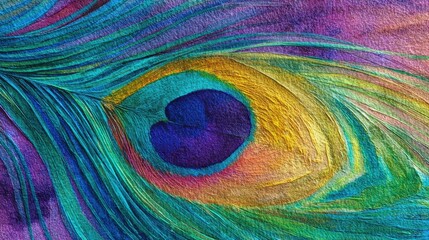 Obraz premium A colorful peacock feather reveals intricate patterns and a blend of hues. The close-up view highlights the beauty and detail found in nature. This artwork showcases vivid colors and textures.