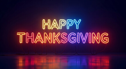 Illuminated neon sign displays "Happy Thanksgiving" with vibrant colors, evoking festive mood and celebration of gratitude and family gathering