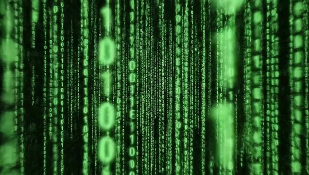 Dynamic green binary code streams cascade in digital cyberspace