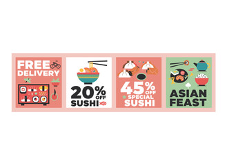 A set of sushi-themed Japanese food banners and advertising card designs featuring an Asian cuisine restaurant, a Japan bar, and promotional horizontal and vertical backgrounds, along with sushi sale