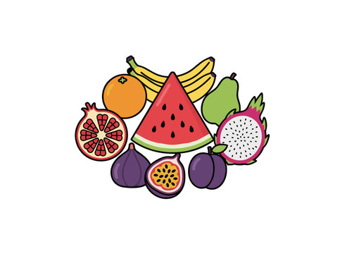 A collection of tropical summer fruits, featuring exotic, vitamin-rich, ripe, and sweet options such as sliced apple, plum, pomelo, whole watermelon, banana, and orange, rendered as flat vector