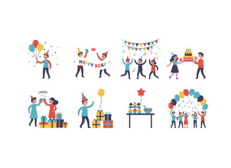 Fototapeta premium A group of flat cartoon characters celebrating a birthday, eating cake, taking a group photo, singing, and sipping cocktails, depicted in a colorful vector illustration on a white background