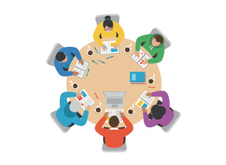 Fototapeta premium Top-down view of a group of students collaborating at a desk with books and a laptop, meeting to study and prepare for an exam, depicted as a flat vector illustration on a white background