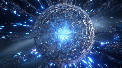 A dynamic sphere radiates bright blue light and emits particles in a cosmic setting.