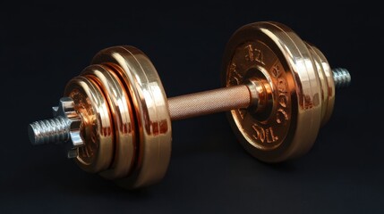 A shiny bronze dumbbell sits on a dark background, showcasing its polished surface. This equipment is perfect for weightlifting and strength training exercises at the gym or home.