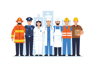 A group of frontline workers: police officers, medical staff, doctors, firefighters, and construction personnel, depicted in a flat vector illustration on a white background