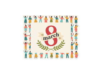 Template for an 8 March greeting card, flyer, or poster featuring a crowd of joyful, smiling women of all ages, celebrating sisterhood and the feminist movement with a flat illustration for