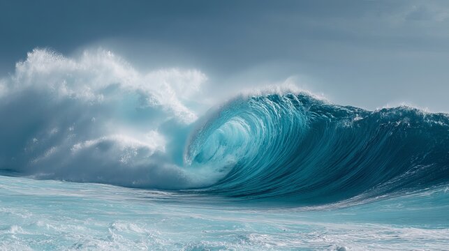 Powerful, majestic ocean wave barrels with stunning turquoise water and dramatic spray under a serene sky