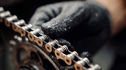 Expert mechanic's gloved hand precisely inspects intricate bicycle chain for optimal performance and smooth cycling motion