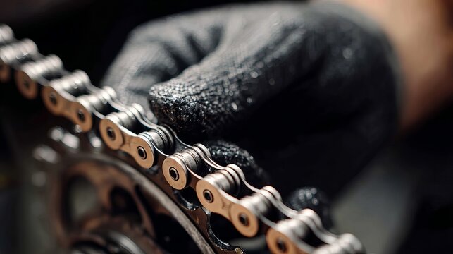 Expert mechanic's gloved hand precisely inspects intricate bicycle chain for optimal performance and smooth cycling motion