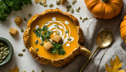 Delicious cream soup served in pumpkin on white grunge background