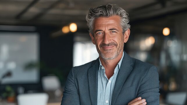 Confident, smiling experienced businessman with distinguished grey hair in modern office, arms crossed, radiating professionalism and success.