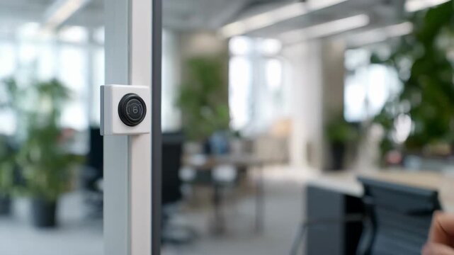 Medium shot of a technician installing a sleek panic button on an office wall for quick emergency alerts