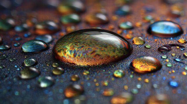 Macro view of vibrant iridescent water droplets reflecting colorful abstract patterns on a textured dark surface, creating a mesmerizing visual.