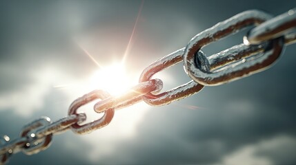 Strong metallic chain links gleam under dramatic sunlight, symbolizing connection, strength, and unbreakable bonds in a powerful visual metaphor.