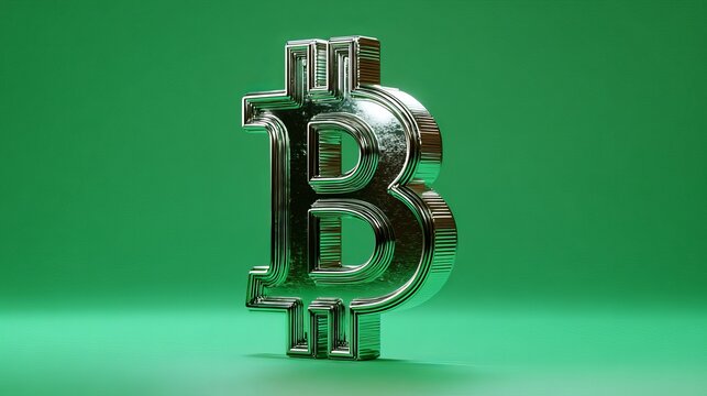 Shiny metallic Bitcoin symbol gleams against a vibrant green background, representing digital currency and financial growth opportunities.