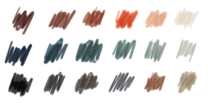 Set of colorful pencil strokes in natural hues isolated on transparent background.