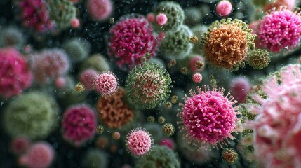 Fototapeta premium Microscopic view of vibrant, diverse virus particles floating in a dark, fluid environment, showcasing cellular structures and infection concept