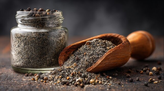 Glass jar contains black pepper, with wooden scoop pouring ground spice onto rustic surface, highlighting culinary elements and inviting atmosphere for cooking enthusiasts
