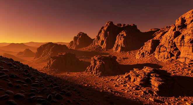 Orange rock landscape with stone and sand, under a gradient sky. It showcases a deserted place and the planet Mars, representing exploration, distance