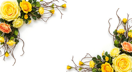 Yellow and peach rose floral border design with green leaves and twigs on a crisp white background for copy space