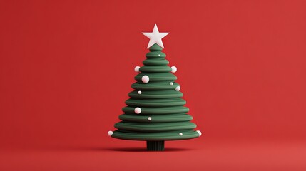 Obraz premium Festive green Christmas tree adorned with white star and baubles, radiating holiday cheer against a vibrant red backdrop, perfect for seasonal promotions.