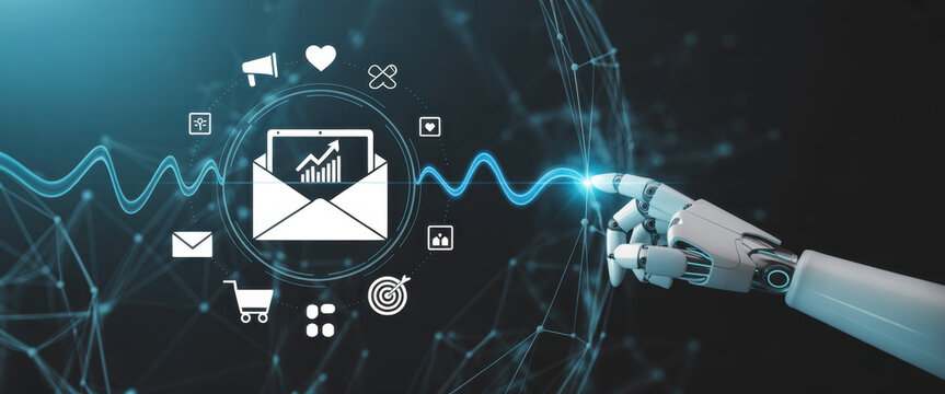 Robotic hand touching digital marketing icons a modern concept for email marketing automation and artificial intelligence in business - Powered by Adobe