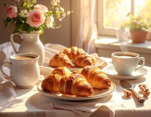 Freshly baked croissants and coffee on a breakfast table, cozy morning atmosphere.