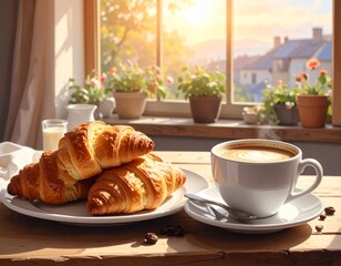 Freshly baked croissants and coffee on a breakfast table, cozy morning atmosphere.