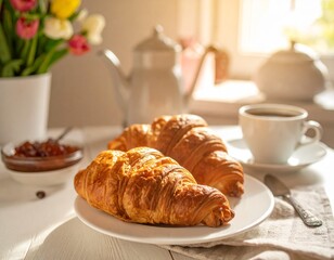 Freshly baked croissants and coffee on a breakfast table, cozy morning atmosphere.