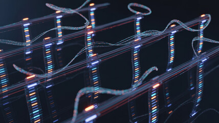 Abstract digital data stream visualization showing network connections, data flow, and a futuristic information processing system. Ideal for tech, AI, and IT concept designs. 3d Rendering