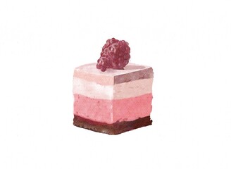 A delicate watercolor illustration of a raspberry mousse cake, lovingly painted 