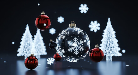 Festive holiday scene featuring glowing white christmas trees, reflective red baubles, and snowflake decorations.