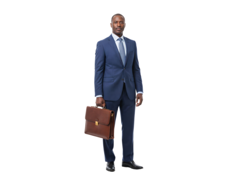Confident businessman in tailored suit holding briefcase isolated